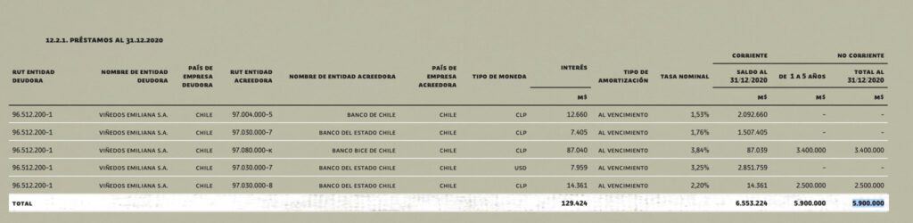 Viñedos Emiliana - Debt Table